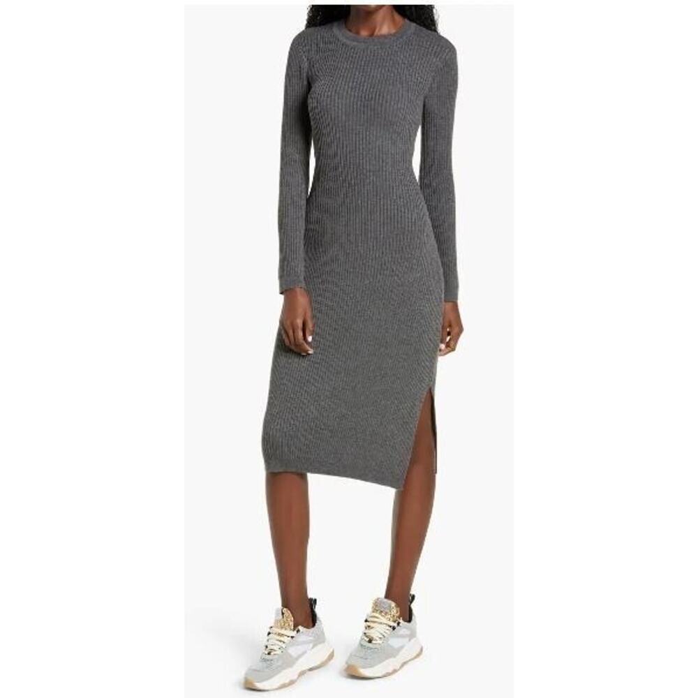 All in Favor Women's Ribbed Long Sleeve Midi Dress in Charcoal Small‎ MSRP $49
